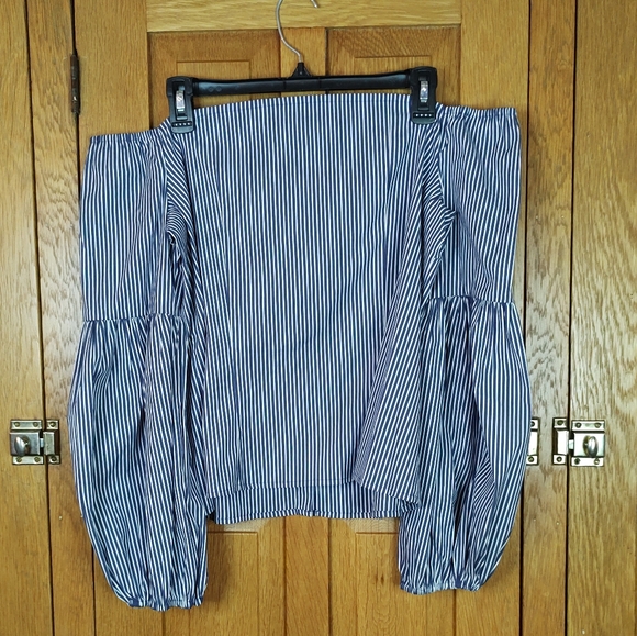 Express blue& white striped sexy off shoulder puff long sleeve Bardot blouse - Picture 3 of 11